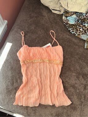 NWT Y2K Zoompy USA Peach Pleated Camisole with Gold Accent
